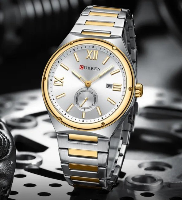 857b2d895a09f585a8ae4fd154813275.jpg_720x720q80.jpg_.jpg Montre Curren Pour Homme Avec Bracelet Bicolore en Acier Inoxydable Argenté et Doré - Affichage De La Date - Résistante à L'eau – Image 1