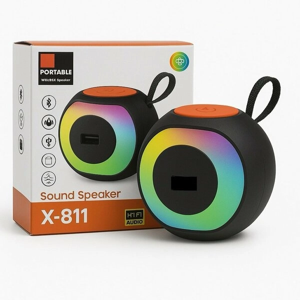 8fec0787-00b5-4ea6-98b0-6c975564d251.webp Haut-Parleur Bluetooth Portable X-811 – RGB LED, Radio FM, USB/TF. – Image 1
