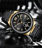 Montre Curren Pour Homme Avec Bracelet Bicolore en Acier Inoxydable Noir et Doré - Affichage De La Date - Résistante à L'eau – Image 2
