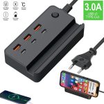 Multiprise - Puce Intelligente à 3 Ports De Câble USB et 3 Porte Type C - Charge Rapide - Puissance 35 W - Support De Téléphone - Noir