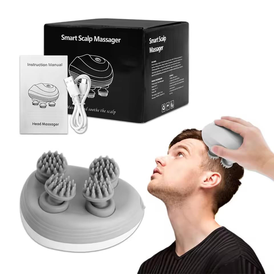 IMG-20250318-WA0028.jpg Masseur De Cuir Chevelu Sans Fil 3 en 1 Avec 96 Contacts en Silicone - 3 Modes de Pétrissage - Étanche IPX6 - Rechargeable - Blanc – Image 1