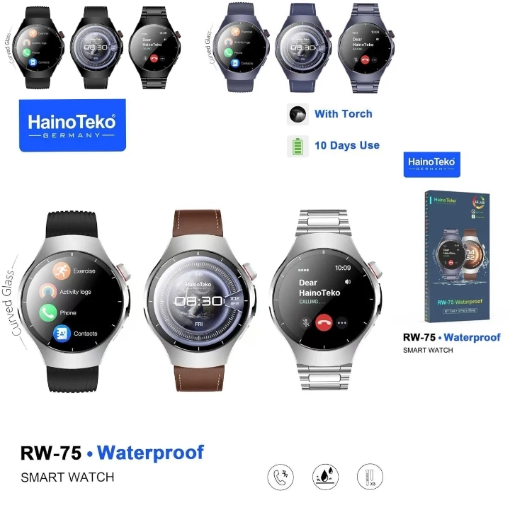 Polish_20260204_162717090.webp Montre Connectée Hinoteco RW-75 - Résistante ÀL'eau - Lot De 3 Bracelets - Lampe Torche Intégrée – Image 1