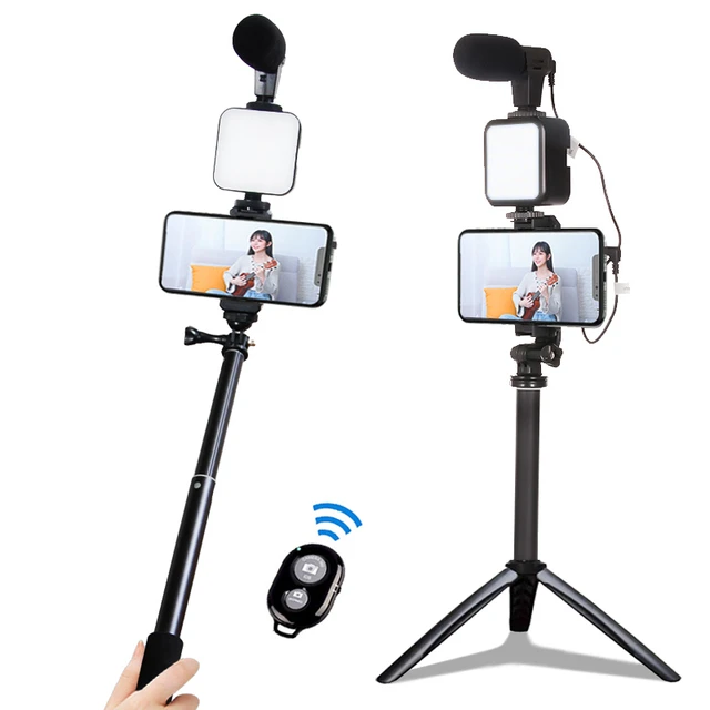 S13770ede268140c8a58e9b6cb31f4d79K.jpg_640x640Q90.jpg_-1.webp Kit Perche à Selfie 5 en 1 - Perche à Selfie Bluetooth - Avec Microphone - Trépied - Lumière LED – Image 1