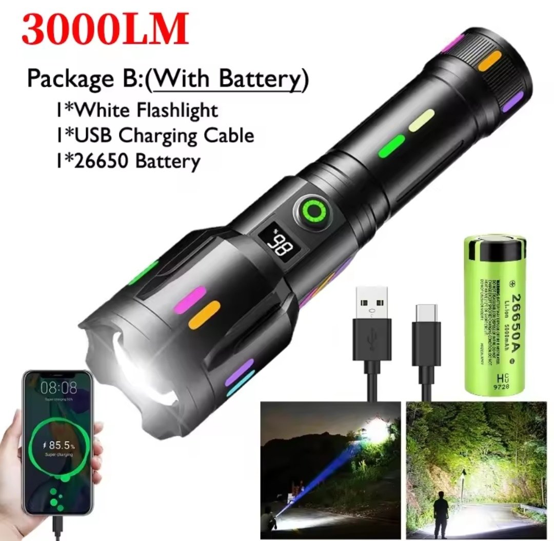 Screenshot_20241219_163142.jpg Lampe De Poche Laser Blanche - Longue Portée - Zoomable - avec Bandes Lumineuses - Torche - 3000 LM- Rechargeable – Image 1