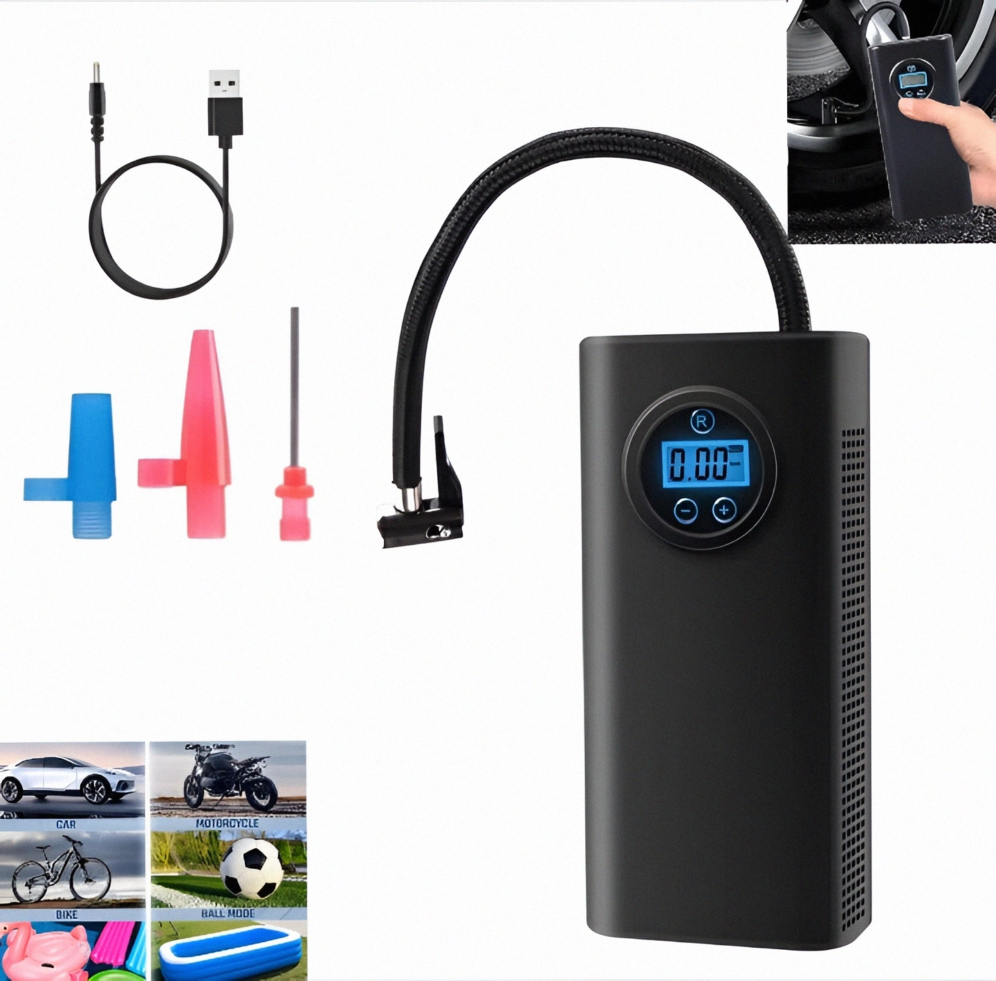 Upfoto_tYWvGZjEMTPayzSLTvKHlXHxEduBg8hgX56pEryUczbde.webp Pompe À Pneus Portable - Haute Qualité - 120 W - Affichage clair - Rechargeable – Image 1