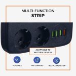 Multiprise Intelligent 6EN1 - 2 Port Prises CA - 3 USB - 1 TYPE C - Anti-Surtension Avec Interrupteur Ét Sécurité Enfant - T2435 - Noir – Image 3