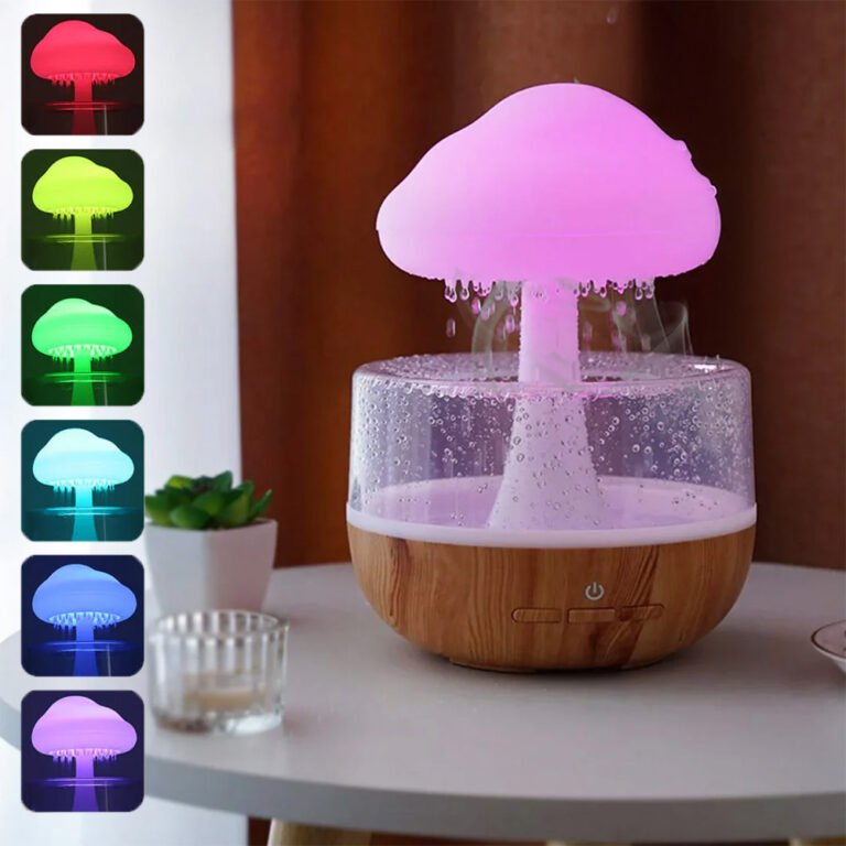 humidificateur-air-nuage-01-768x768-1.jpg Humidificateur D'air avec Lampe Pluie De Champignons - Diffuseur D'aromathérapie - 7 Couleurs - Rechargeable - Télécommande – Image 1