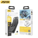 ASPOR Power Bank 20000 mAh - Charge Rapide Avec Cables Intégrés 4 en 1