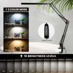 Lampe de Bureau LED 14W avec Bras Pivotant – 3 Couleurs, 10 Niveaux de Luminosité, Protection des Yeux, Pince Métallique – Noir – Image 2