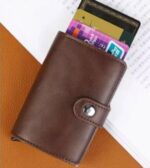 Mini Portefeuille Intelligent À Trois Volets -  Fibre de Carbone et Cuir - 5 cartes - 3 Compartiments Pour Billets - Marron – Image 2