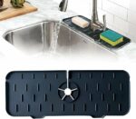 Tapis d'évier de robinet en silicone et porte savon et chiffon 2 en 1 - Noir