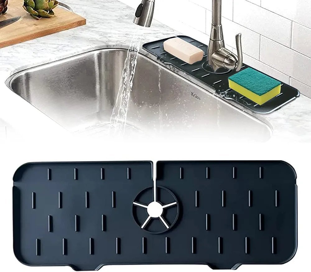 1000034833.jpg Tapis d'évier de robinet en silicone et porte savon et chiffon 2 en 1 - Noir – Image 1