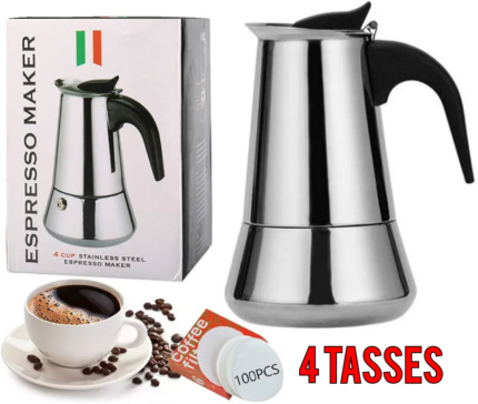 Cafetière italienne 4 Tasses En Acier Inoxydable - Compatible Tous Types De Feux