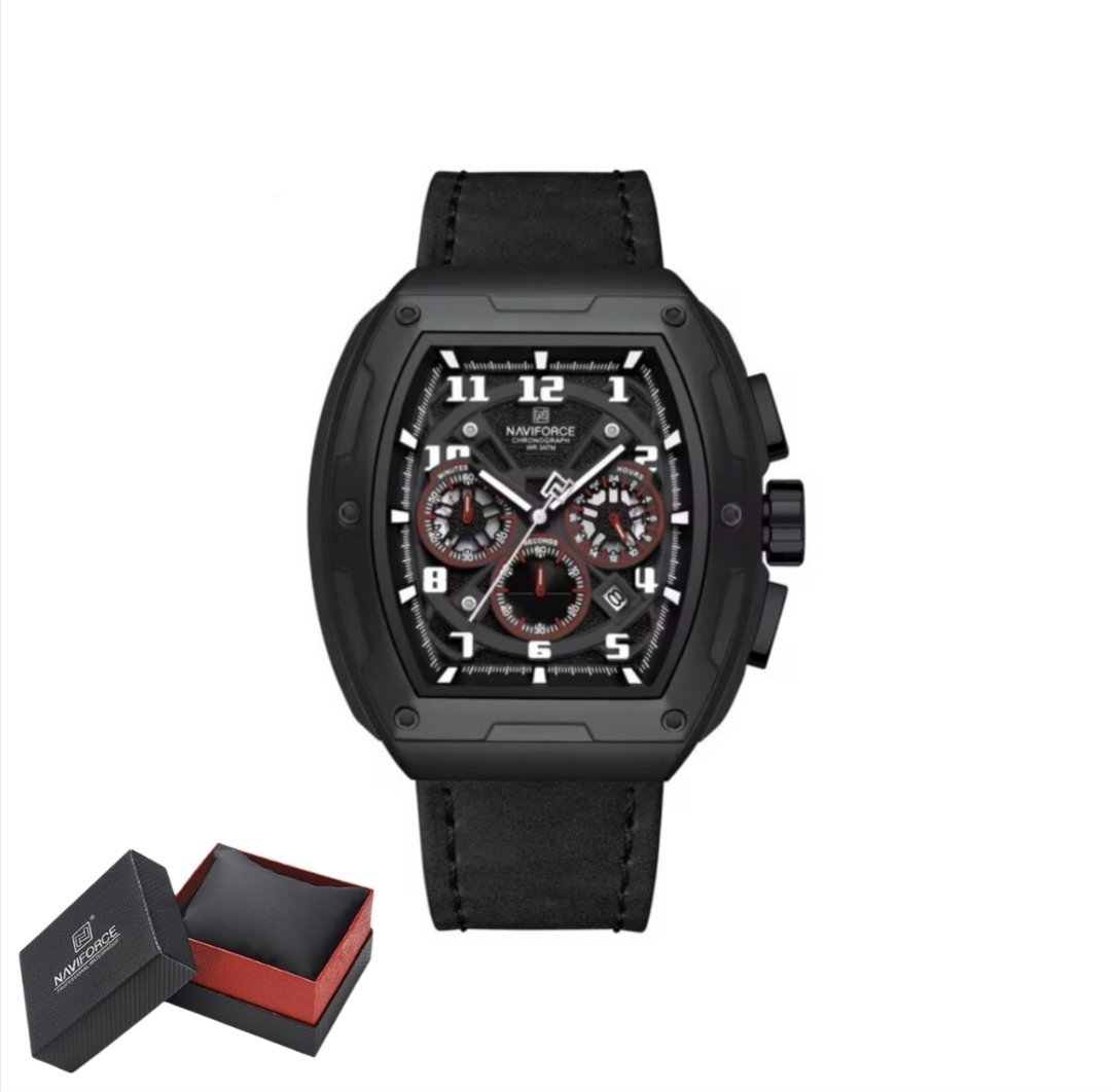 1000170143.jpg Montre Chronographe Naviforce NF8053 Pour Homme - Cuir Véritable - Tendance - Multifonction - Résistante à L’eau - Noir – Image 1