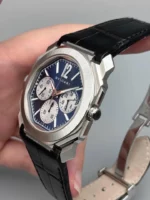 Montre Bulgari De Luxe - Boîtier En Acier - Bracelet En Cuir D'alligator - Résistante À L'eau - Bleu – Image 3