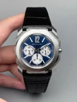 Montre Bulgari De Luxe - Boîtier En Acier - Bracelet En Cuir D'alligator - Résistante À L'eau - Bleu
