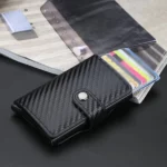 Mini Portefeuille Intelligent À Trois Volets -  Fibre De Carbone et Cuir - 5 cartes - 3 Compartiments Pour Billets – Image 12