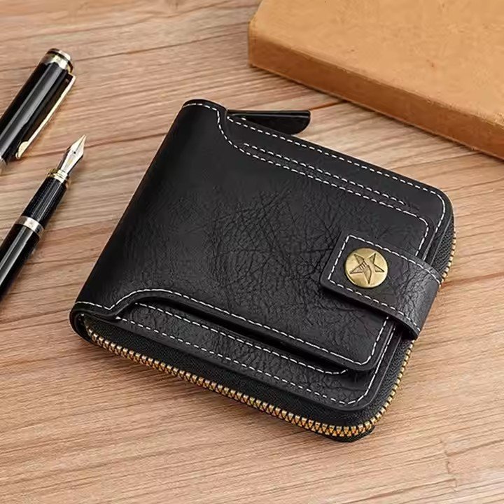 H46a31bab9691430289ab6a137e50a884L.jpg Portefeuille Classique en Cuir PU - Haute Qualité – Moraillon Court et Fermeture Éclair - Multi-Poches Noir – Image 1