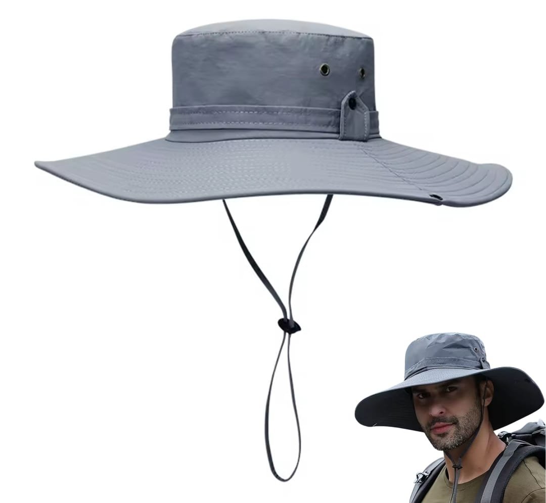 IMG-20250611-WA0069.jpg Chapeau de randonnée et de camping à large bord pour homme avec protection UV Gris – Image 1