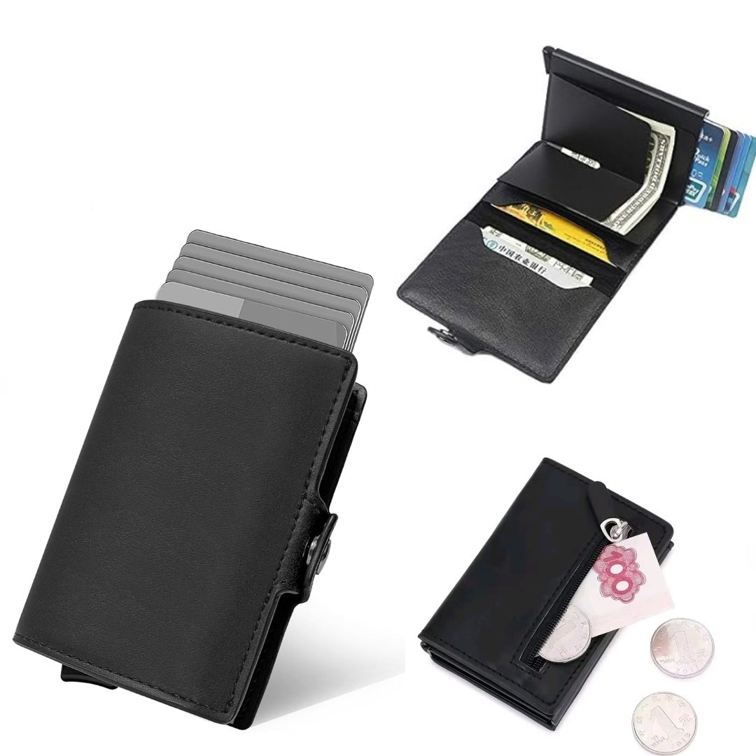 Polish_20250520_151607632.jpg Portefeuille 2 en 1 Intelligent En Cuir Pour Cartes De Crédit - Billets de Banque - Métal Fin Pour Homme - Pliable - Noir – Image 1