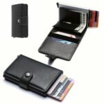 Mini Portefeuille Intelligent À Trois Volets -  Fibre de Carbone et Cuir - 5 cartes - 3 Compartiments Pour Billets Noir