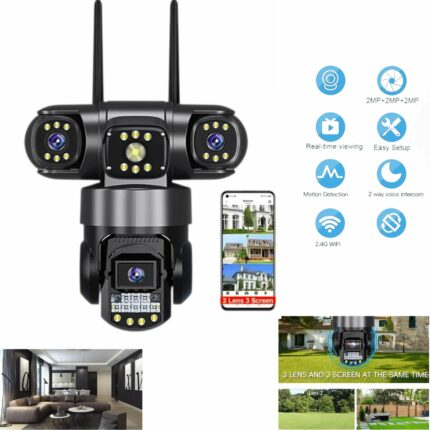 Caméra De Sécurité À Triple Objectif 2 MP - Wi-Fi 2,4 GHz - Détection De Mouvement Et De Personnes - Lnterphone Bidirectionnel - Alarme Sonore Pour Une Utilisation Intérieure Et Extérieure