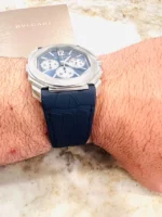 Montre Bulgari De Luxe - Boîtier En Acier - Bracelet En Cuir D'alligator - Résistante À L'eau - Bleu – Image 4