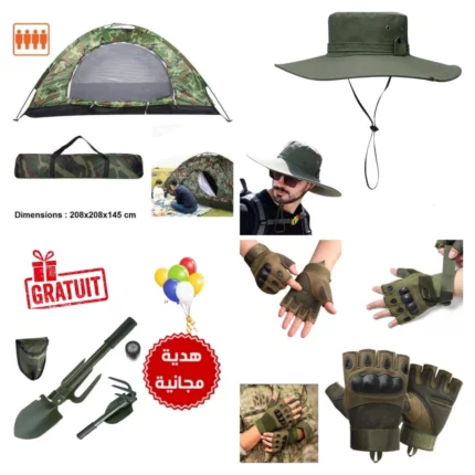 Pack 1 - Camping Randonnée - 1 Tente Double 2-4 Personnes + 1 Chapeau Anti UV + 1 Gants Tactiques Demi Doigt + 1 Cadeau Gratuit [Pelle Pioche Pliante Multifonction]