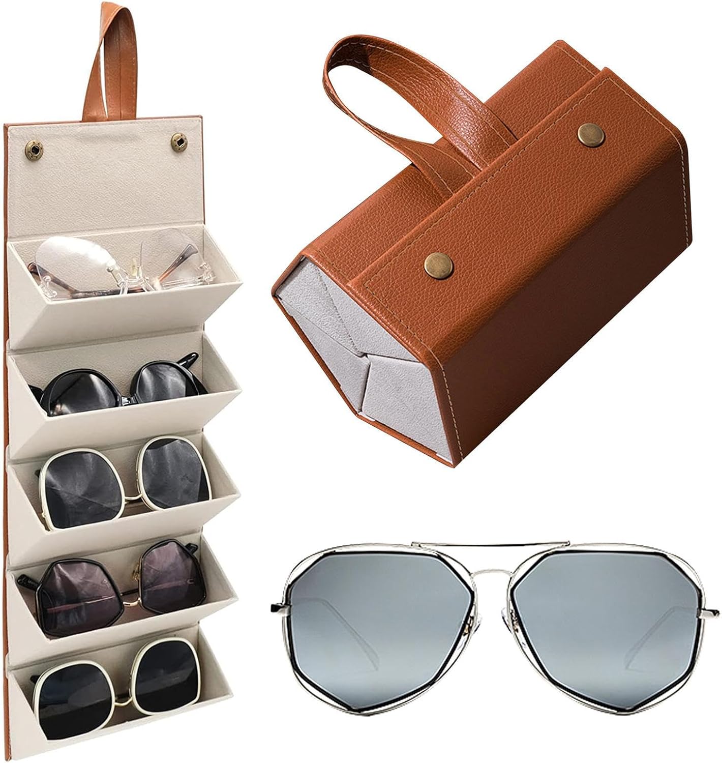 71Dw2l5mZML._AC_UL1500_ Étui à Lunettes Pliable 5 En 1 En Cuir PU - Multi-usages - Marron – Image 1