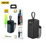 Pawer Bank Ultra-performante Aspor A319 (NR)– 50 000 MAh – Puissante – Charge Rapide – 22,5 W – 3 Câbles Intégrés – Multiport