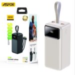 Pawer Bank Ultra-performante Aspor A319 – 50 000 MAh – Puissante – Charge Rapide – 22,5 W – 3 Câbles Intégrés – Multiport