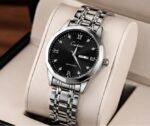 Montre-bracelet De Luxe Pour Homme – Cadran Noir – Bracelet En Métal Argenté – Affichage Du Jour Et De La Date – Image 2