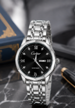 Montre-bracelet De Luxe Pour Homme – Cadran Noir – Bracelet En Métal Argenté – Affichage Du Jour Et De La Date – Image 4