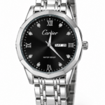 Montre-bracelet De Luxe Pour Homme – Cadran Noir – Bracelet En Métal Argenté – Affichage Du Jour Et De La Date