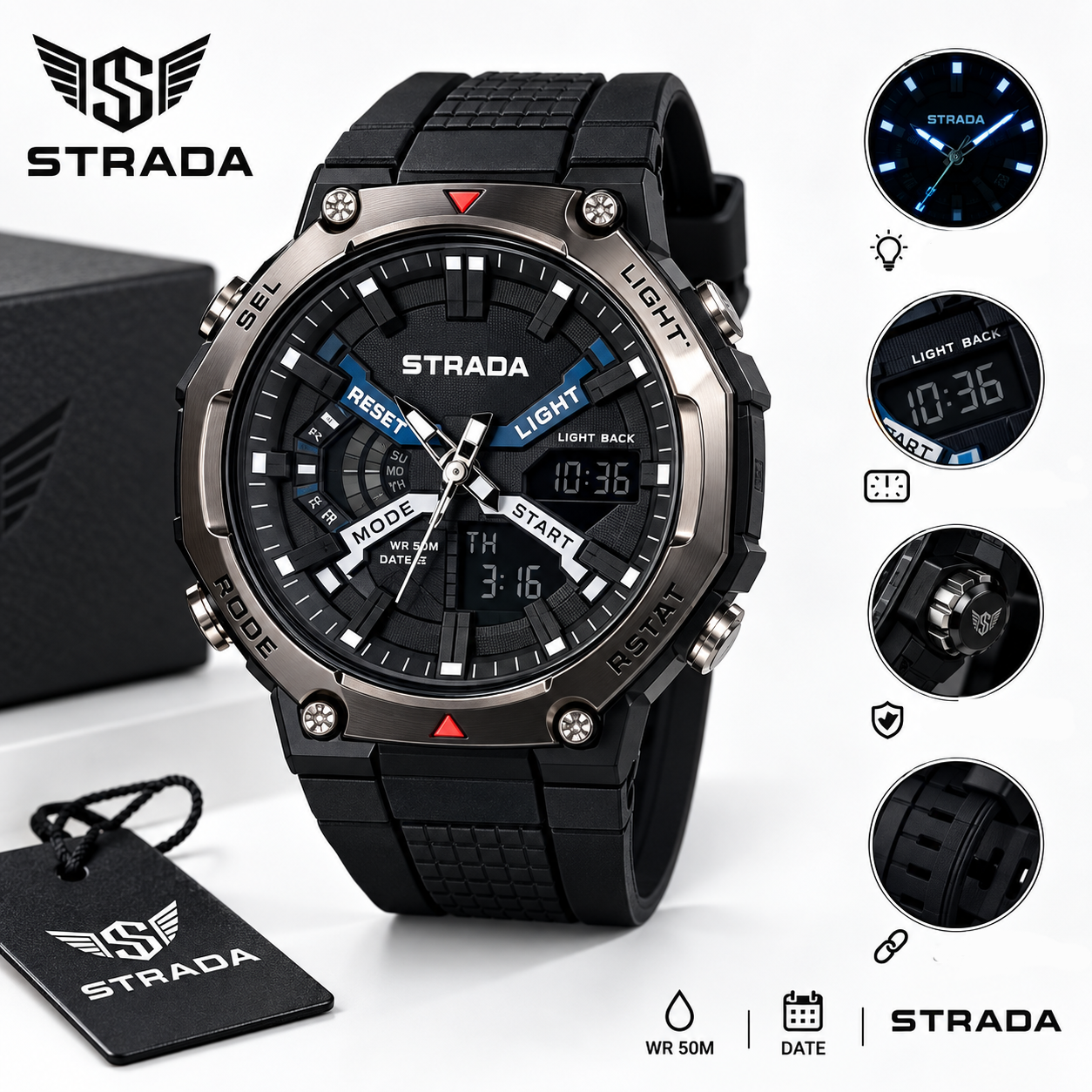 file_00000000010882108b5bde238606dd05 Montre STRADA – Sportive Hybride – Numérique et Analogique – Design Moderne et Robuste – Rétroéclairage – Résistante à L’eau – Image 1