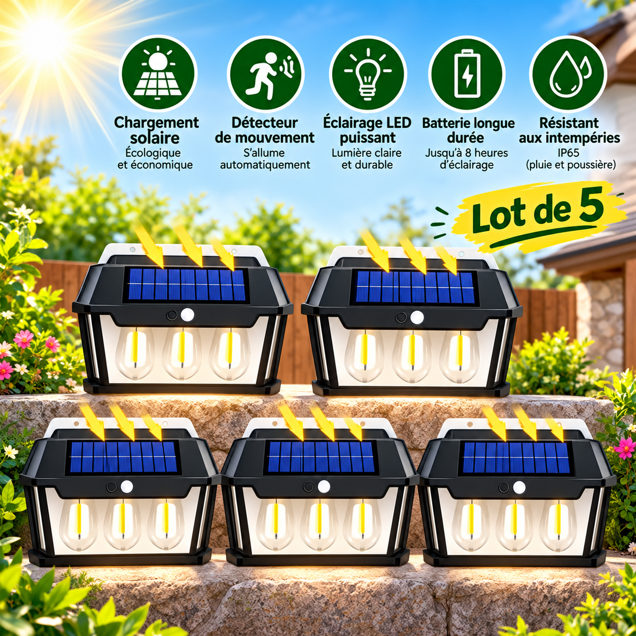file_000000002f288246b8f1218e9421e622 Pack De 5 Lampes à Énergies Solaires – Étanches – Sécurité Avec Capteur – Image 1