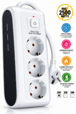 Multiprise Électrique à 3 Sorties – Puissance 2500 W – Interrupteur Marche/Arrêt – Résistant à La Chaleur et Au Feu