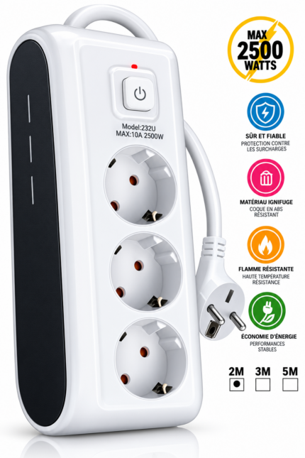 Multiprise Électrique à 3 Sorties – Puissance 2500 W – Interrupteur Marche/Arrêt – Résistant à La Chaleur et Au Feu
