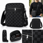 Sac Bandoulière Élégant Pour Homme À Motif À Carreaux – Multiples Poches Et Bandoulière Réglable - Noir