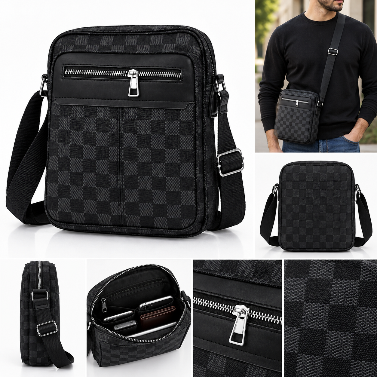 file_00000000438c821087d9a2f25ba8b29e Sac Bandoulière Élégant Pour Homme À Motif À Carreaux – Multiples Poches Et Bandoulière Réglable - Noir – Image 1