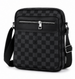 Sac Bandoulière Élégant Pour Homme À Motif À Carreaux – Multiples Poches Et Bandoulière Réglable - Noir – Image 2