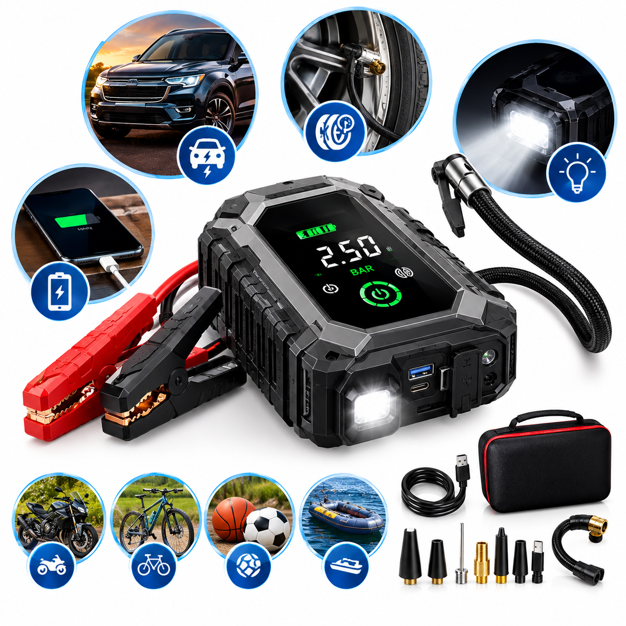 file_00000000bda4821087677db63399cdd7 Booster De Démarrage Voiture 4 en 1 – Compresseur D’air – Batterie Externe – Lampe LED – 12 V – Image 1