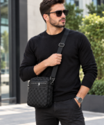 Sac Bandoulière Élégant Pour Homme À Motif À Carreaux – Multiples Poches Et Bandoulière Réglable - Noir – Image 3
