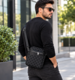 Sac Bandoulière Élégant Pour Homme À Motif À Carreaux – Multiples Poches Et Bandoulière Réglable - Noir – Image 4